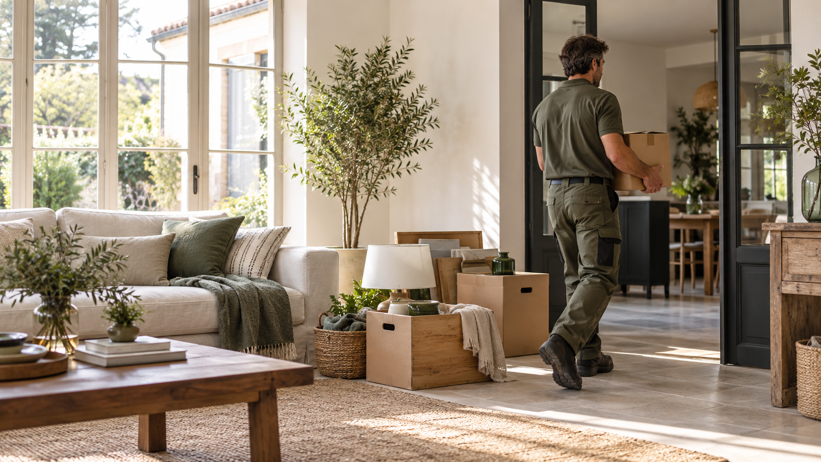 Illustration d'un professionnel portant un carton dans un intérieur lumineux